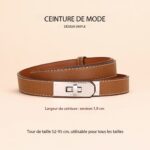 Ceinture en cuir femmes, fine, en cuir de vachette haut de gamme AMS Boucle argentée, couleur caramel