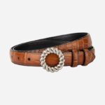 Ceinture vintage cuir crocodile en argent vieilli 28081-jaune brun