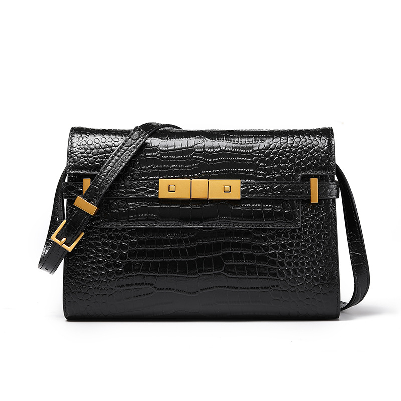 Grand sac noir (cuir de vachette importé avec motif crocodile)