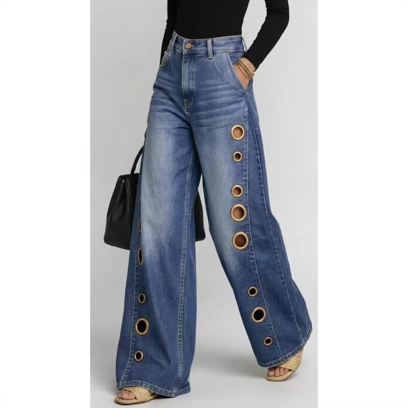 Pantalon jean femme avec œillets métalliques BV0757-01 Pantalon jean femme avec œillets métalliques BV0757-01