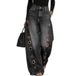 Pantalon jean femme avec œillets métalliques BV0757 noir