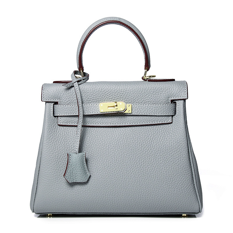 Sac Kelly Haut de gamme Vrai cuir traditionnel KL Bleu lin 28CM (peau de vache de première qualité)