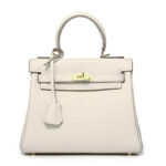 Sac Kelly Haut de gamme Vrai cuir traditionnel KL Cuir de vachette pleine fleur Milkshake blanc de 25 cm