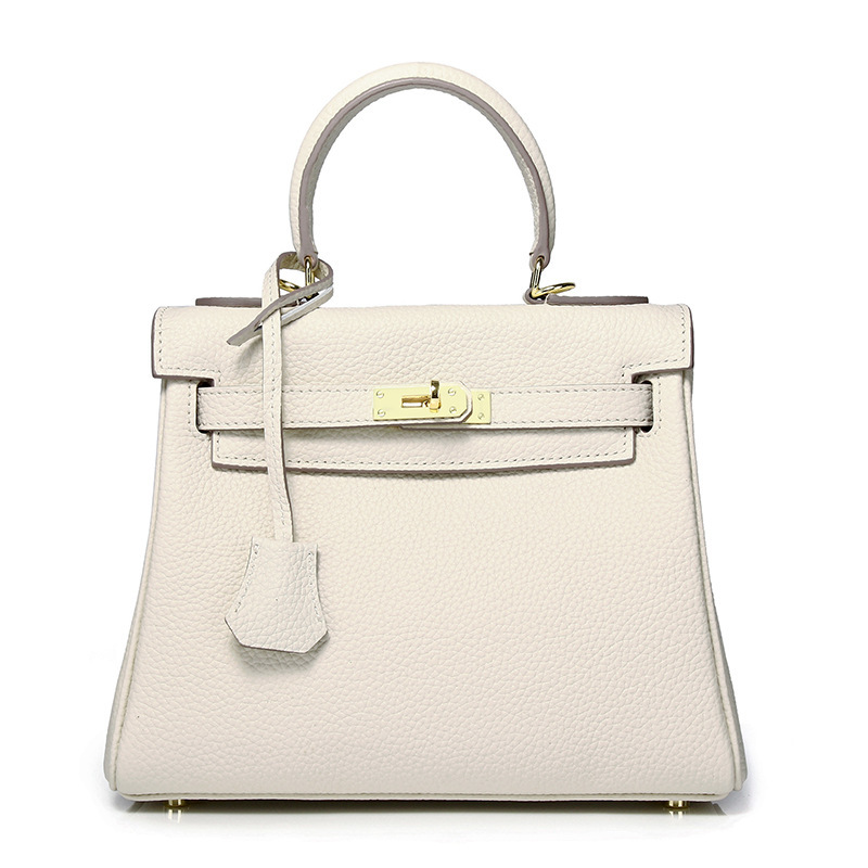 Sac Kelly Haut de gamme Vrai cuir traditionnel KL Cuir de vachette pleine fleur Milkshake blanc de 25 cm