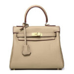 Sac Kelly Haut de gamme Vrai cuir traditionnel KL Cuir de vachette pleine fleur gris éléphant 25 cm