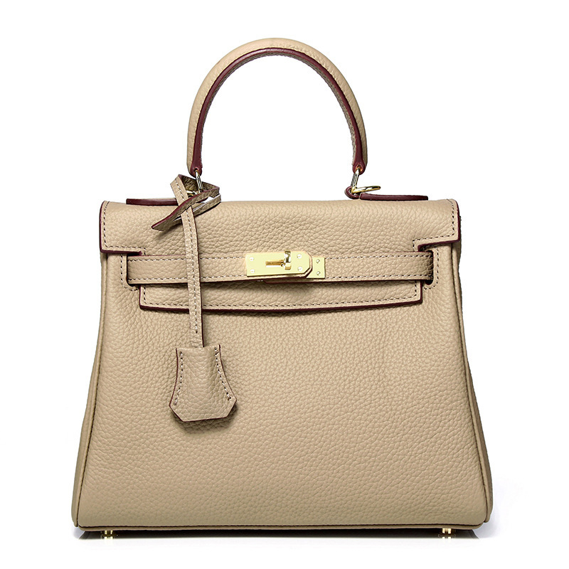 Sac Kelly Haut de gamme Vrai cuir traditionnel KL Cuir de vachette pleine fleur gris éléphant 25 cm