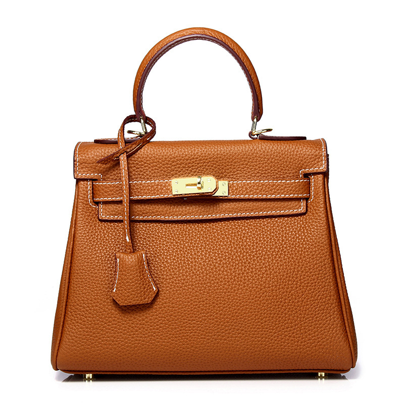 Sac Kelly Haut de gamme Vrai cuir traditionnel KL cuir jaune terre de 25 cm (cuir de vachette pleine fleur)