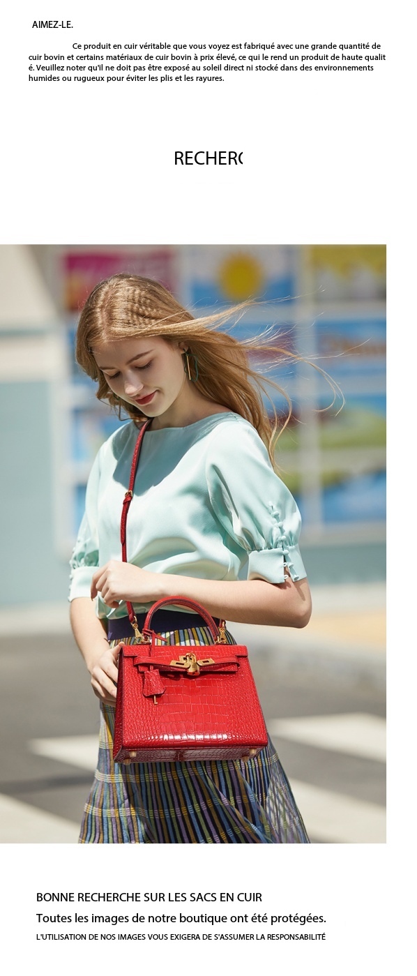 Genuine Leather Kelly Bag, High-End Women's Crocodile-Print Handbag KL0 Demo 0010