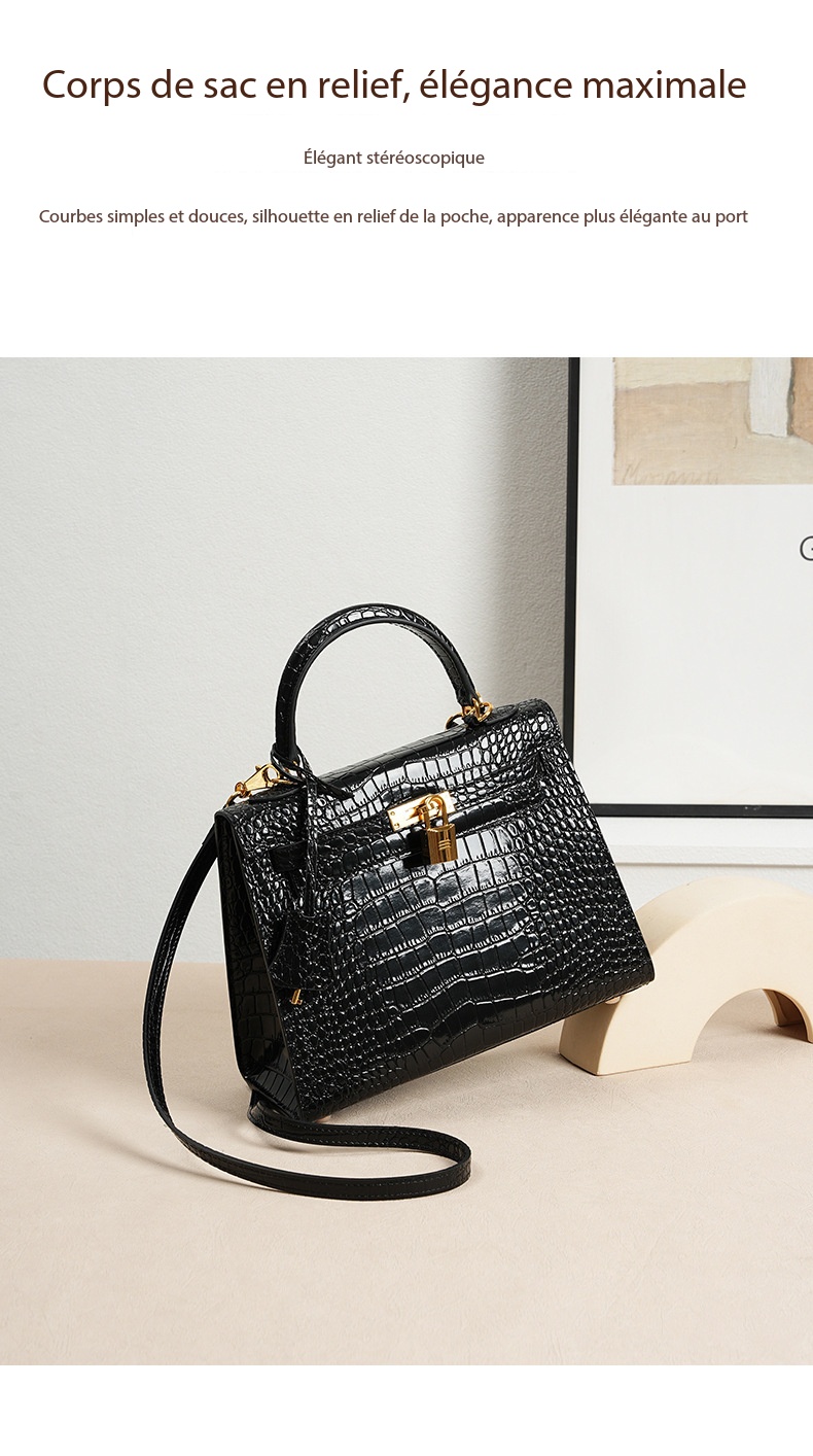 Genuine Leather Kelly Bag, High-End Women's Crocodile-Print Handbag KL0 Demo 0012