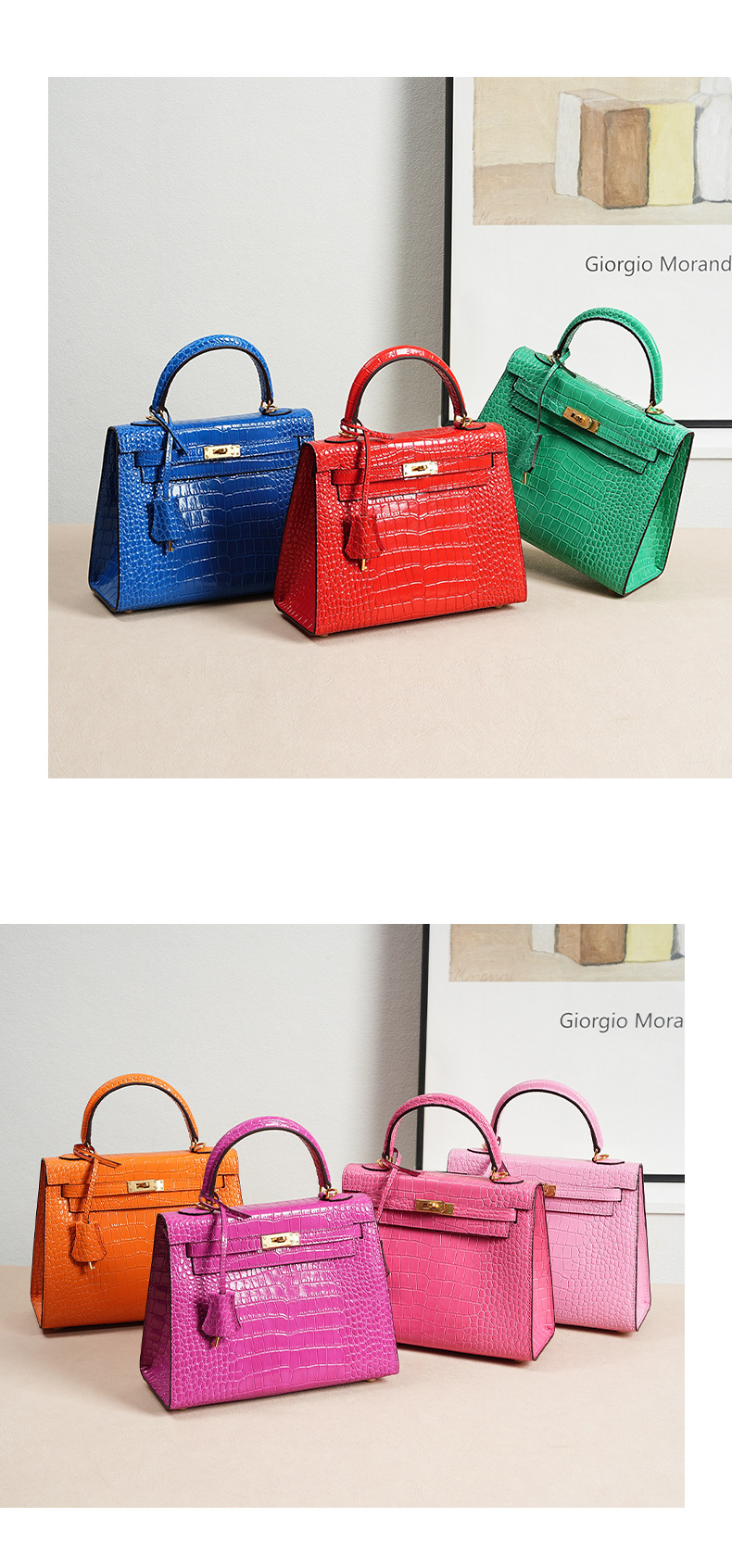 Genuine Leather Kelly Bag, High-End Women's Crocodile-Print Handbag KL0 Demo 0013