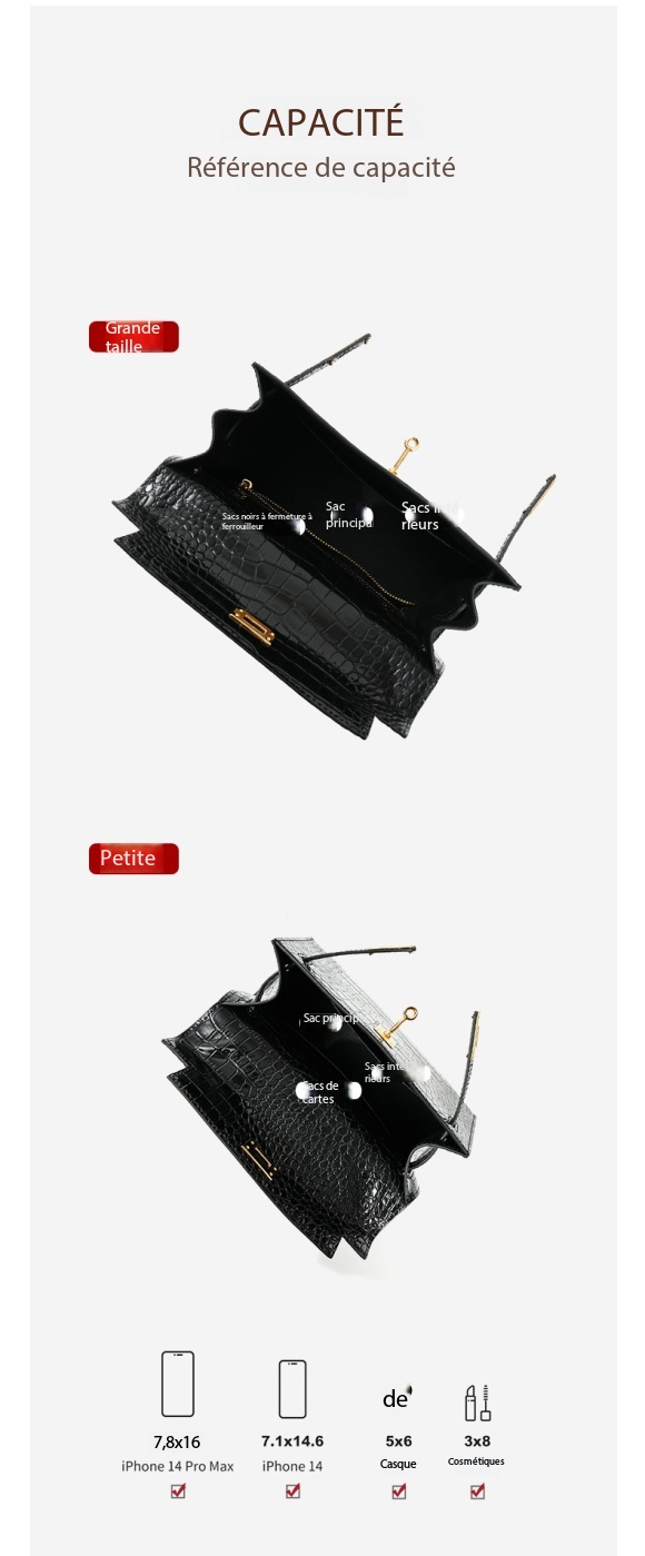 Genuine Leather Kelly Bag, High-End Women's Crocodile-Print Handbag KL0 Demo 003