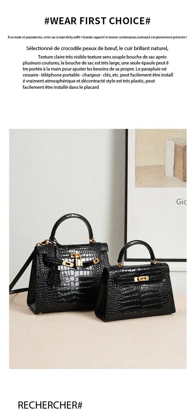 Genuine Leather Kelly Bag, High-End Women's Crocodile-Print Handbag KL0 Demo 005