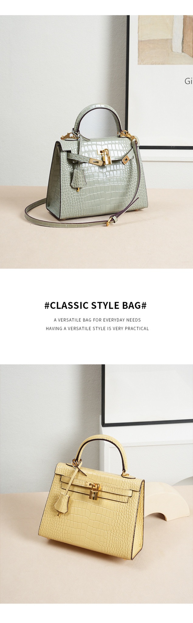 Genuine Leather Kelly Bag, High-End Women's Crocodile-Print Handbag KL0 Demo 006