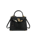 Sac Kelly en cuir véritable, sac à main femme haut de gamme croco KL0- Noir, 25 cm (motif crocodile)