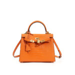 Sac Kelly en cuir véritable, sac à main femme haut de gamme croco KL0-Orange, 25 cm (imprimé crocodile)