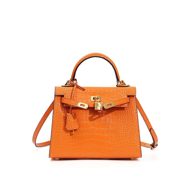 Sac Kelly en cuir véritable, sac à main femme haut de gamme croco KL0-Orange, 25 cm (imprimé crocodile)