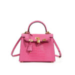Sac Kelly en cuir véritable, sac à main femme haut de gamme croco KL0-Rose pêche, 25 cm (motif crocodile)