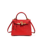 Sac Kelly en cuir véritable, sac à main femme haut de gamme croco KL0-Rouge vif, 25 cm (motif crocodile)