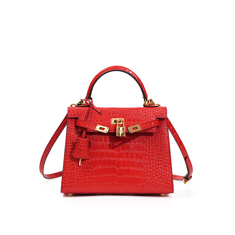 Sac Kelly en cuir véritable, sac à main femme haut de gamme croco KL0-Rouge vif, 25 cm (motif crocodile)