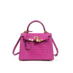 Sac Kelly en cuir véritable, sac à main femme haut de gamme croco KL0-Violet, 25 cm (motif crocodile)