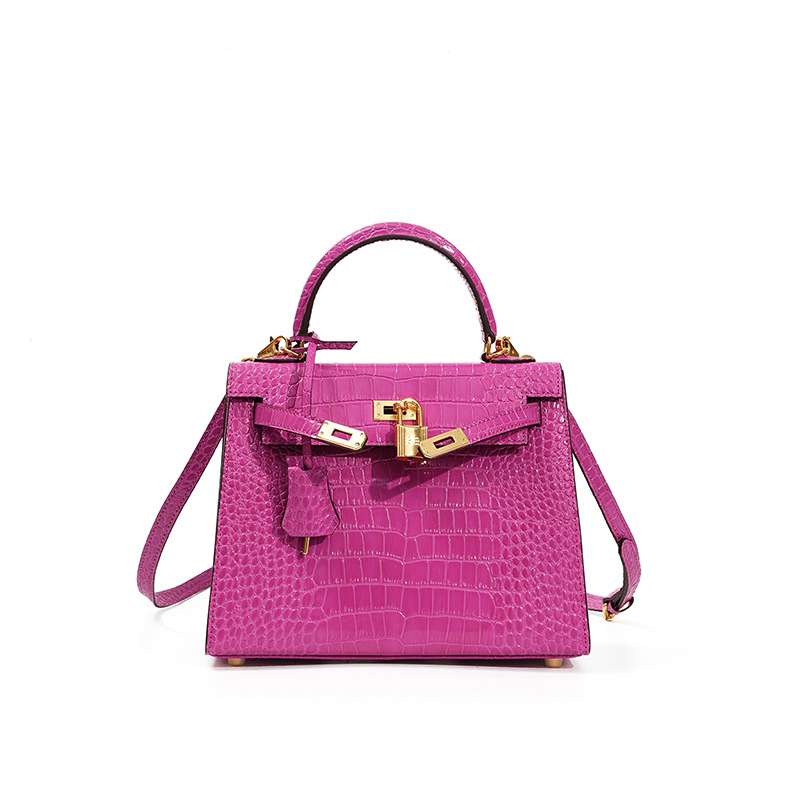 Sac Kelly en cuir véritable, sac à main femme haut de gamme croco KL0-Violet, 25 cm (motif crocodile)