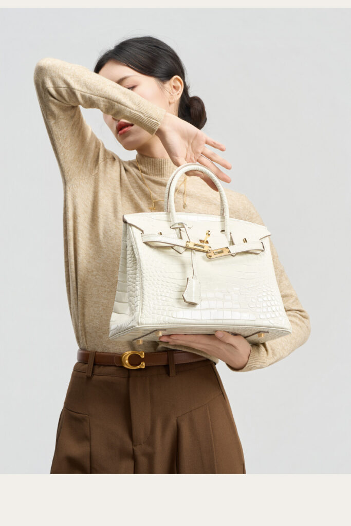 Luxury White Crocodile-Print Leather Women's Handbag KZGYBK 0 Demo 03