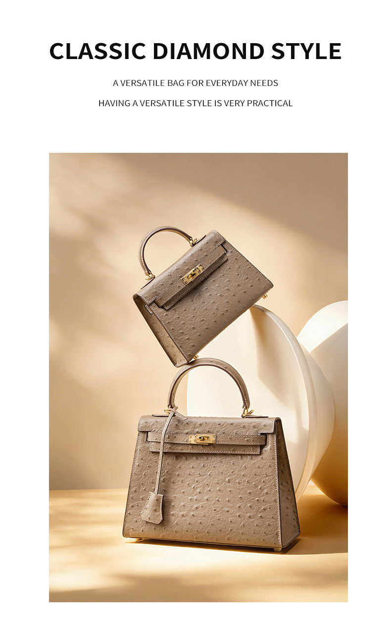 Women's handbag made of high-grain cowhide leather with an ostrich-print design, large capacity KZYJ0 ostrich print KL Demo 0025