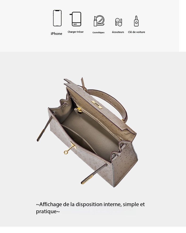 Women's handbag made of high-grain cowhide leather with an ostrich-print design, large capacity KZYJ0 ostrich print KL Demo 005