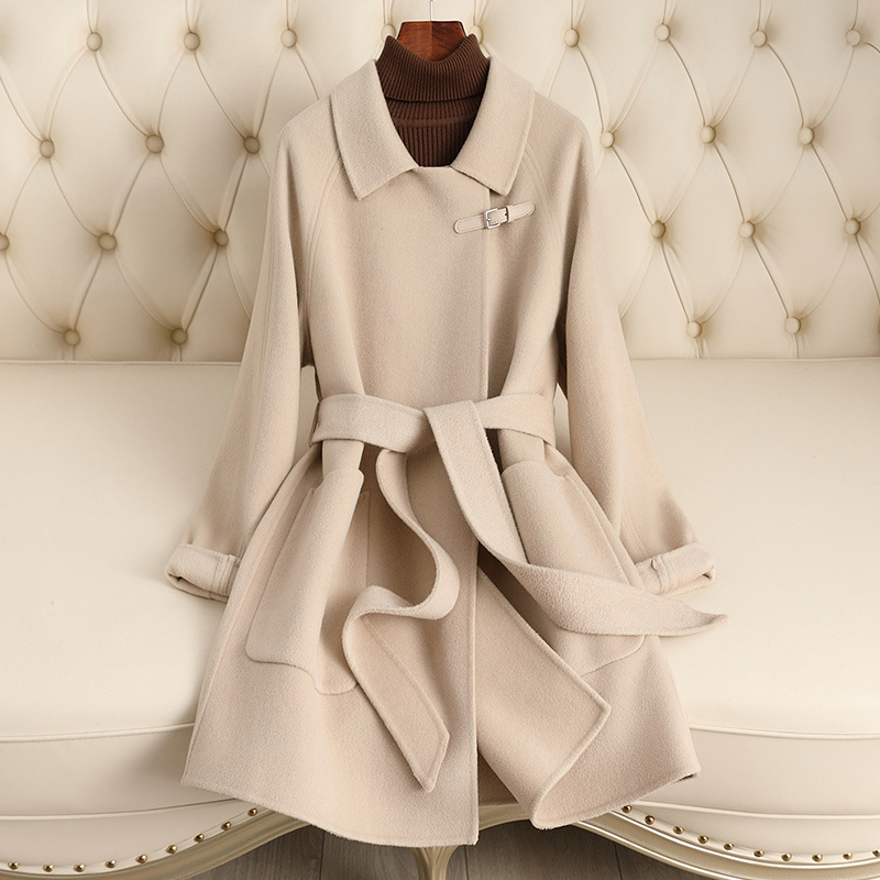Manteau en laine double face pour femmes, style court, haut de gamme 24-1616-Blanc