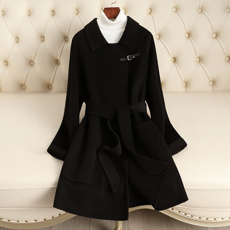 Manteau en laine double face pour femmes, style court, haut de gamme 24-1616-NOIR