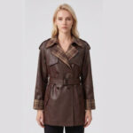 Veste cuir femmes, veste luxe à taille ceinturée Xc26626 marron foncé