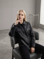 Veste cuir moto femme, style rétro, en cuir végan 2529-01