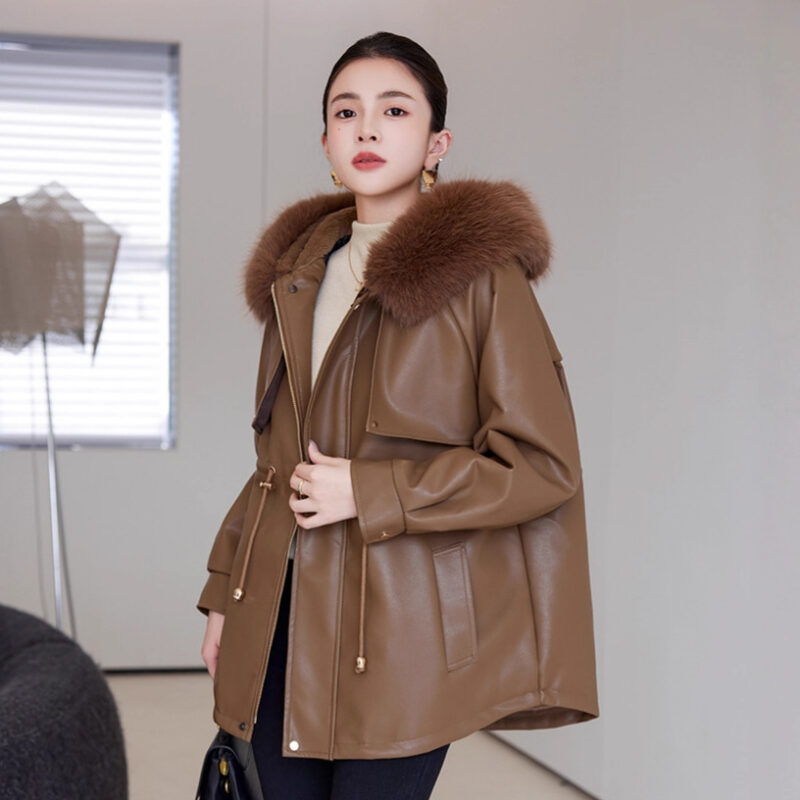 Veste en cuir femme, parka polaire, thermique 25029-05