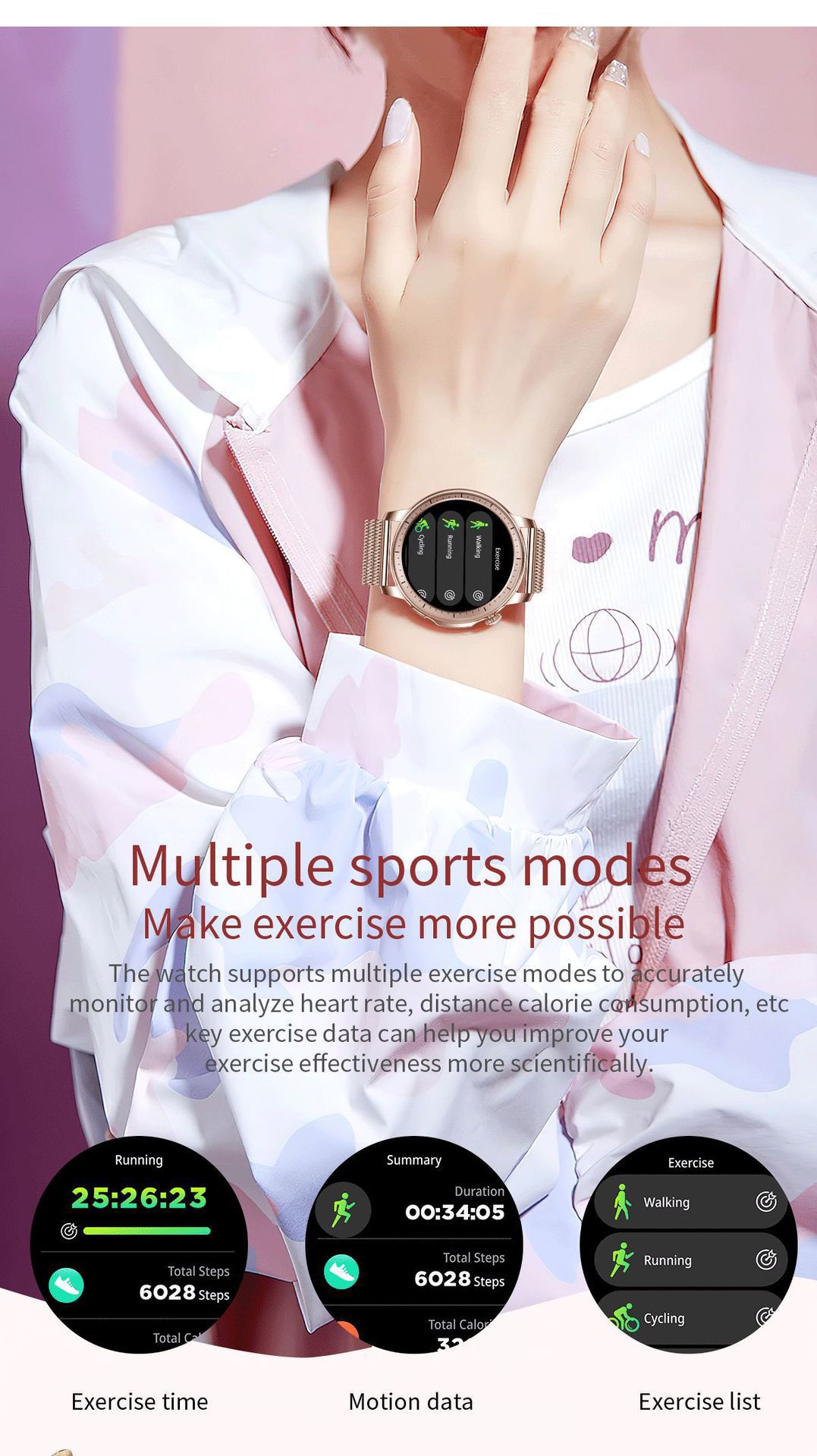 Women's smartwatch health features, sports Demo 0011