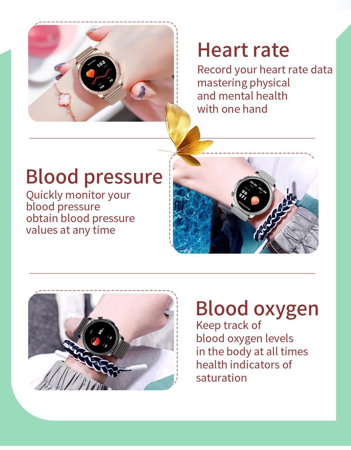 Women's smartwatch health features, sports Demo 009