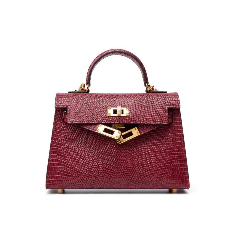 Burgundy (gold buckle) Genuine leather women's kelly bag, lizard pattern Yjk19 lizard pattern