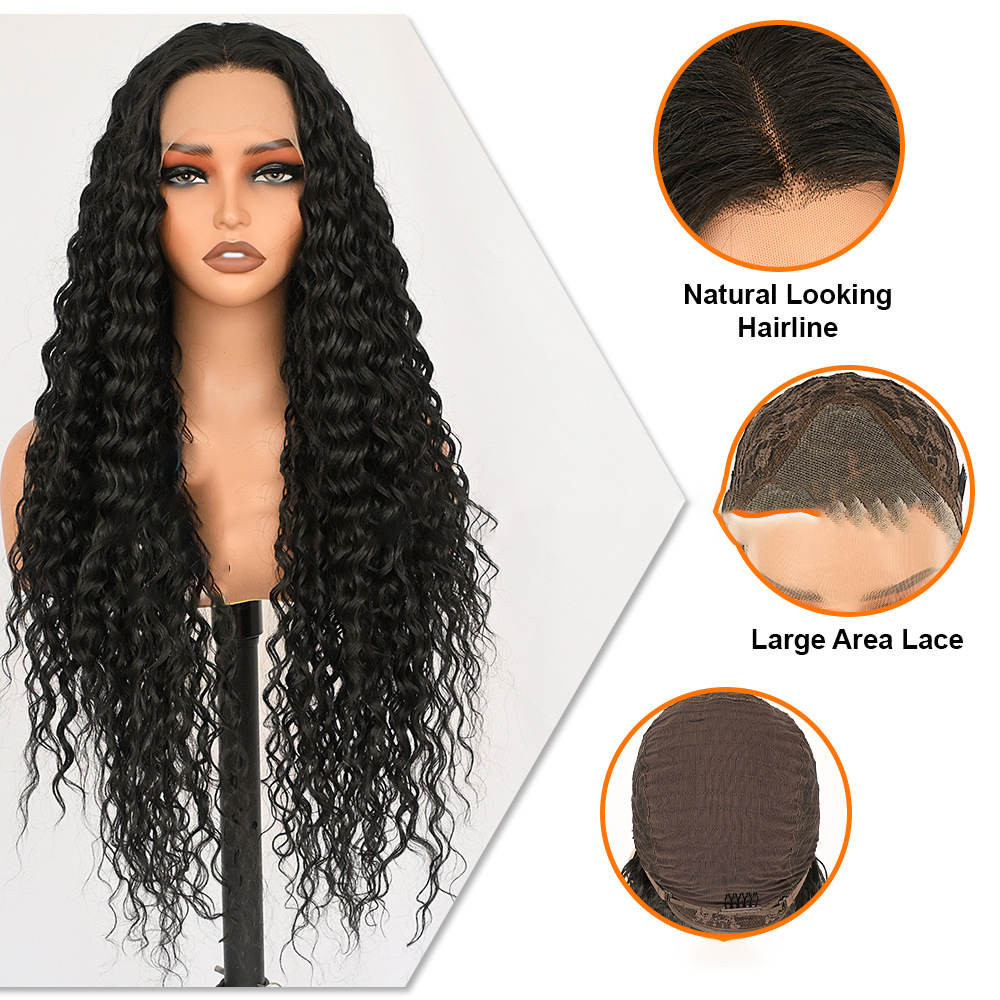 High temperature fiber silk Lace Front Wig, Black curly texture. D13x4kc2-04
