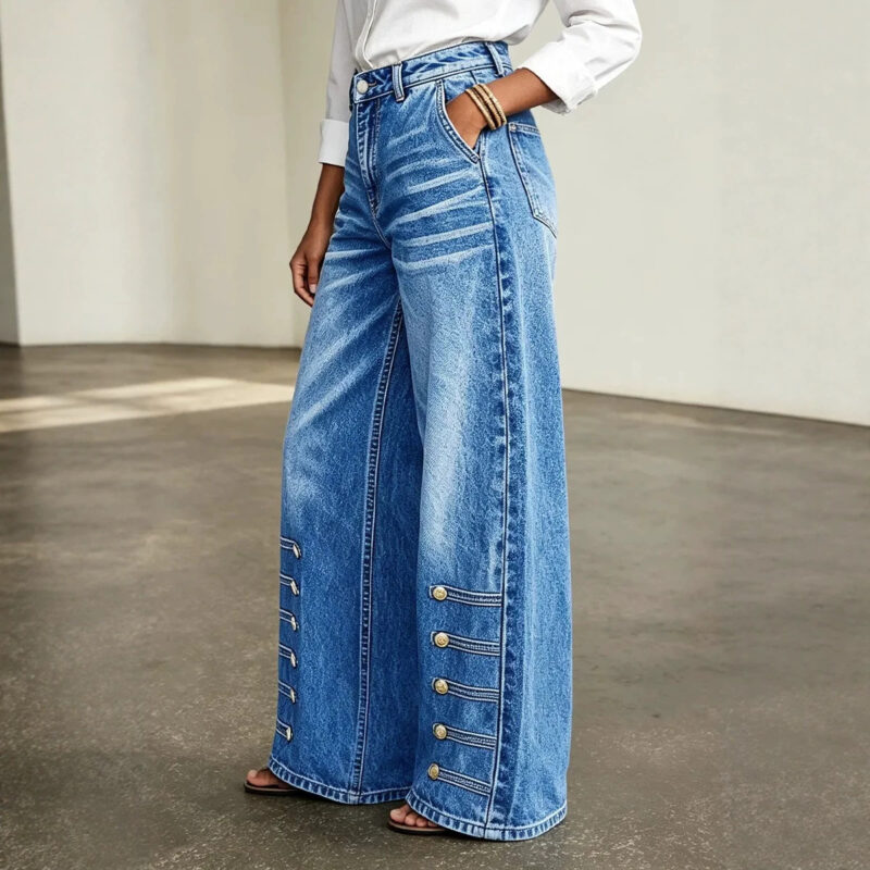 Waisted Wide-Leg Buttoned Street Style women's jean 6812 #-03